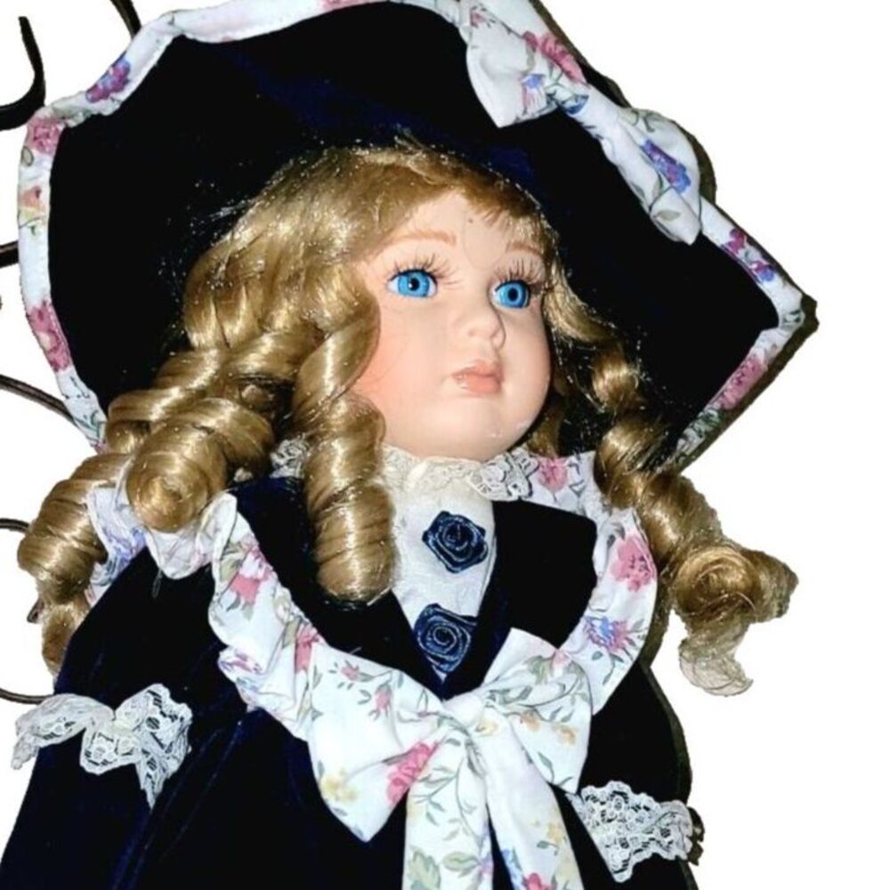 Vintage Leonardo Collection long blonde ringlets, blue eyes, velvet blue dress